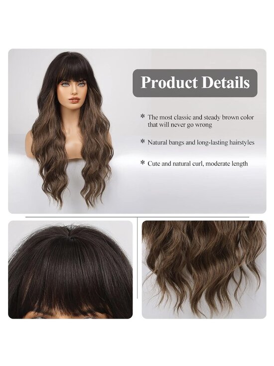 Women\'s Ombre Brown Heat Resistant Long Curly Wavy Synthetic Wig Bang Size 26In main image 2